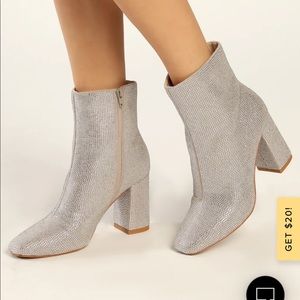 Lulu’s silver rhinestone high heel mid-calf boots, size 7.5